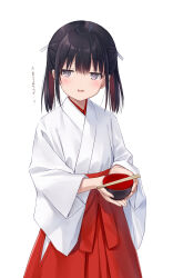 1girl black_hair blush bowl chopsticks commentary_request food food_on_face grey_eyes hakama highres holding holding_bowl japanese_clothes kimono looking_to_the_side medium_hair miko na-ga open_mouth original red_hakama simple_background smile solo translation_request white_background white_kimono wide_sleeves