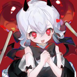 1girl black_bow black_bowtie black_dress bow bowtie candy_apple candy_apple_cookie candy_apple_hair_ornament commentary_request cookie_run cookie_run:_kingdom dress food fructoseies highres humanization looking_at_viewer open_mouth puffy_sleeves red_eyes short_hair simple_background smile white_hair