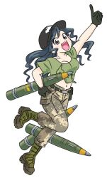 1girl anonymous_(japanese) belt black_belt black_gloves blue_hair boots breasts brown_eyes crop_top full_body gloves green_boots green_shirt hat holding holding_missile japanon kraken_(japanon) kraken_regiment long_hair medium_breasts midriff military military_uniform navel non-web_source open_mouth original pants pants_tucked_in peaked_cap russo-ukrainian_war shirt smile solo squid_print standing standing_on_one_leg teeth transparent_background ukraine upper_teeth_only
