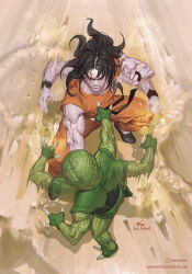 1boy 1other alien artist_name black_hair claws colored_skin commentary dragon_ball dragonball_z english_commentary fighting green_skin highres in-hyuk_lee male_focus muscular outdoors overhead pointy_ears saibaiman sand scar scar_across_eye scar_on_face yamcha