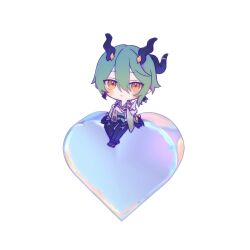 Rule 34 | black footwear, black pants, blue shirt, blush, brown eyes, chibi, closed mouth, collared shirt, commentary, dress shirt, eve (meltdown), green hair, hair between eyes, heart, highres, honkai (series), honkai impact 3rd, horns, jacket, kosma, open clothes, open jacket, pants, shirt, shoes, simple background, sitting, white background, white jacket