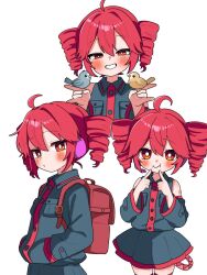 1girl adapted_costume backpack bag bird bird_on_hand blush cowboy_shot detached_sleeves drill_hair grey_shirt grey_skirt grin hands_in_pockets hands_up hashtag-only_commentary highres kasane_teto kasane_teto_(utau) long_sleeves looking_at_viewer miniskirt multiple_views pleated_skirt red_eyes red_hair shirt simple_background skirt sleeveless sleeveless_shirt smile twin_drills utau vvv_fnk white_background