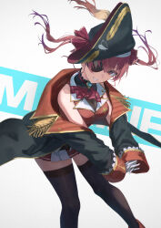 1girl arrow_through_heart ascot bare_shoulders bicorne black_coat black_hat black_thighhighs breasts brooch buttons character_name coat commentary eyepatch gloves gold_trim grin hair_ribbon hat highres hololive houshou_marine houshou_marine_(1st_costume) interlocked_fingers jacket jewelry lace lace-trimmed_thighhighs lace_trim lapel_pin lapels leotard leotard_under_clothes long_hair looking_at_viewer medium_breasts miniskirt notched_lapels off_shoulder pirate pirate_hat pleated_skirt red_ascot red_eyes red_hair red_jacket red_ribbon red_skirt ribbon see-through_clothes see-through_leotard skirt sleeveless sleeveless_jacket smile solo stretching thighhighs tokaki twintails two-sided_coat two-sided_fabric v_arms virtual_youtuber white_gloves