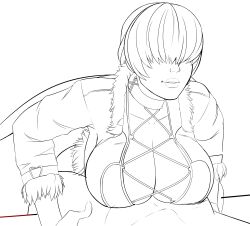 1boy 1girl bend bent_over between_breasts between_legs breasts cleavage_cutout clothing_cutout curvy erodrunky female_focus fishnets fluffy girl_on_top huge_breasts jacket large_breasts long_hair paizuri paizuri_under_clothes ponytail shermie_(kof) the_king_of_fighters thick_lips titfuck_under_clothes wide_hips