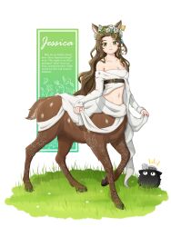 1girl absurdres animal_ears bare_shoulders belt breasts brown_belt brown_hair carbuncle_(reverse:1999) centauroid character_name chinese_commentary chouhen_huanhua_cheng_haiyang cleavage collarbone commentary_request creature daisy_(flower) deer_ears deer_girl deer_tail dress ear_tag flower flower_wreath full_body grass green_eyes groin hair_flower hair_ornament head_wreath highres hooves jessica_(reverse:1999) long_hair long_sleeves looking_at_viewer medium_breasts midriff monster_girl multiple_legs navel off-shoulder_dress off_shoulder parted_bangs parted_lips reverse:1999 rose shadow sidelocks solo_focus standing standing_on_three_legs tail taur typo underbust white_background white_dress white_flower white_rose