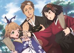 1boy 2girls ;d beryl_gardernant black_hair brown_hair curuni_crueciel dress ficelle_harbeller green_eyes hair_ribbon holding holding_paintbrush japanese_clothes katainaka_no_ossan_kensei_ni_naru kimono long_sleeves multicolored_hair multiple_girls new_year official_art one_eye_closed open_mouth paintbrush red_eyes ribbon short_hair smile