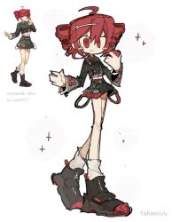 1girl ahoge artist_name belt black_shoes black_skirt blush_stickers closed_mouth commentary crop_top drill_hair english_commentary full_body hair_between_eyes hand_up highres holding holding_walkie-talkie kasane_teto kasane_teto_(voicepeak) long_sleeves looking_at_viewer midriff official_art_inset red_belt red_eyes red_hair shoes simple_background skirt smile solo sparkle standing takawoyu twin_drills utau voicepeak walkie-talkie waveform white_background
