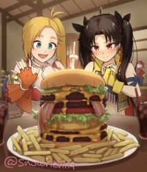 2023 2boys 2girls aqua_eyes archer_(fate) bacon bare_shoulders beret black_hair blonde_hair blush breasts brown_gloves brown_vest burger calamity_jane_(fate) cheese cleavage cola cropped_vest cup drinking_glass drinking_straw earrings fate/grand_order fate_(series) fingerless_gloves food french_fries glass gloves green_eyes hair_ribbon hat highres hoop_earrings iida_toyoyuki indoors interlocked_fingers ishtar_(fate) jewelry long_hair medium_breasts midriff multicolored_hair multiple_boys multiple_girls open_mouth own_hands_together parted_bangs planted planted_sword planted_weapon red_eyes red_gloves red_hair ribbon side_ponytail signature smile space_ishtar_(fate) star_sticker star_tattoo sticker_on_face sword table tattoo twintails twitter_username two-tone_hair two_side_up upper_body vest weapon white_hair yellow_gloves yellow_vest