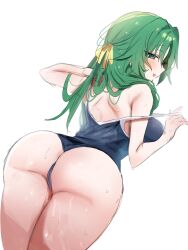 1girl arm_behind_head ass ass_focus blush green_eyes green_hair hair_over_shoulder highres higurashi_no_naku_koro_ni huge_ass long_hair looking_at_viewer looking_back ma_(aaayabaina111) pulling_own_clothes ribbon seductive_smile simple_background smile sonozaki_shion strap_pull swimsuit wet white_background yellow_ribbon