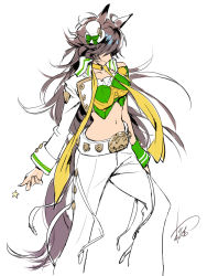 1girl animal_ears black_hair bow commentary_request cropped_jacket green_bow hat hat_bow highres horse_ears jacket long_hair long_sleeves matsuda_(matsukichi) midriff mini_hat mini_top_hat mr._c.b._(umamusume) navel open_clothes open_jacket pants shirt signature simple_background single_sleeve smile solo star stomach strapless strapless_shirt top_hat umamusume very_long_hair white_background white_hat white_jacket white_pants