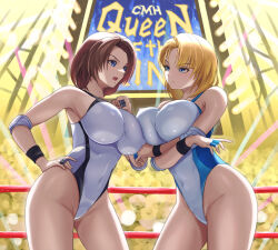 2girls armpits asymmetrical_docking blonde_hair blue_eyes breast_press breasts brown_hair commission covered_erect_nipples covered_navel cowboy_shot crossed_arms elbow_pads ema_(emaura) eye_contact glaring hand_on_own_hip indoors large_breasts leotard looking_at_another multiple_girls open_mouth original shiny_skin short_hair skeb_commission standing thighs white_leotard wrestling wrestling_outfit wrestling_ring