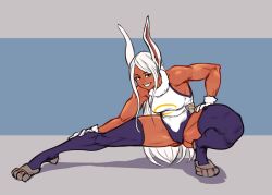 1girl animal_ears animated animated_gif bare_shoulders black_eyes black_leotard black_thighhighs boku_no_hero_academia breasts commission dark-skinned_female dark_skin female_pubic_hair fur_collar gloves grin izra large_breasts leotard long_hair looking_at_viewer mirko navel nipples nude parted_hair pubic_hair pussy rabbit_ears rabbit_girl shiny_skin slideshow_animation smile solo teeth thighhighs two-tone_background white_gloves white_hair white_leotard