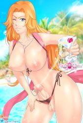 1futa absurdres beach bleach bleach:_zanpakutou_ibun_hen blue_eyes breasts erection futanari highres large_breasts long_hair matsumoto_rangiku orange_hair penis pierced_genitals pierced_penis piercing sodomi_pigtail testicles