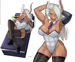 1girl absurdres animal_ears boku_no_hero_academia breasts carrot commentary dark-skinned_female dark_skin english_commentary gloves highres holding holding_carrot large_breasts leotard long_eyelashes long_hair looking_at_viewer mirko multiple_views muscular necktie playboy_bunny purple_necktie rabbit_ears rabbit_girl red_eyes simple_background smile strapless strapless_leotard tallinax thighhighs thighs twitter_username white_background white_hair wrist_cuffs