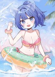 1girl absurdres animal_ears arm_up bikini blue_eyes blue_hair blue_sky breasts cleavage commission cowboy_shot donut_print fang food_print frilled_bikini frills hair_intakes head_tilt heart heart-shaped_pupils highres kuroshiro_(lilymofumofu) medium_breasts navel open_mouth original outdoors pink_bikini ponytail short_hair sidelocks skeb_commission skin_fang sky smile solo splashing swim_ring swimsuit symbol-shaped_pupils tail water wolf_ears wolf_girl wolf_tail wrist_cuffs