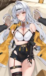 1boy 1girl arm_under_breasts black_gloves black_shorts black_sleeves black_thighhighs blush breasts cleavage closed_mouth detached_sleeves fingerless_gloves gloves hair_ornament hairclip high-waist_shorts highres jacket large_breasts long_hair looking_at_viewer matrix16 mole mole_on_breast on_bed pov shorts single_sleeve single_thighhigh solo thigh_gap thighhighs white_hair yellow_eyes yellow_jacket yixuan_(zenless_zone_zero) zenless_zone_zero
