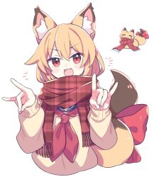 1girl :3 animal_ear_fluff animal_ears blonde_hair blue_sailor_collar bow cardigan cropped_torso double-parted_bangs double_fox_shadow_puppet fang fingernails fox fox_ears fox_girl fox_shadow_puppet fox_tail hair_between_eyes neckerchief open_mouth original plaid_clothes plaid_scarf red_bow red_eyes red_neckerchief red_scarf sailor_collar scarf school_uniform serafuku simple_background smile solo suzuno_(suzuno3110) tail tail_bow tail_ornament upper_body v-shaped_eyebrows white_background yellow_cardigan