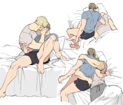 Rule 34 | 2boys, ass, bara, bed, black hair, black shorts, blonde hair, blue shirt, couple, grey pants, grey shirt, hug, jack krauser, kiss, large pectorals, leon s. kennedy, lying, male focus, messy hair, multiple boys, multiple views, muscular, muscular male, on back, on bed, pants, pectorals, resident evil, resident evil: the darkside chronicles, resident evil 4, resident evil 4 (remake), shirt, short hair, shorts, tatsumi (psmhbpiuczn), yaoi