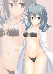 1girl absurdres aqua_eyes aqua_hair bikini black_bikini blush breasts cleavage clip_studio_paint_(medium) coat collarbone commentary_request covered_erect_nipples cowboy_shot cowlick crossed_bangs curvy eyelashes groin hair_between_eyes highres lab_coat large_breasts light_blush long_hair long_sleeves looking_at_viewer makochan42 multi-strapped_bikini_bottom multicolored_bikini navel official_alternate_costume open_clothes open_coat open_mouth outline pink_background riddle_joker shikibe_mayu simple_background solo stomach swimsuit thighs two-tone_bikini white_bikini white_outline zoom_layer