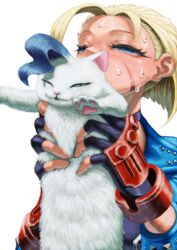 1girl absurdres animal animal_hands blonde_hair blue_eyes blue_hair blue_jacket blush cammy_white cat darkstalkers facial_scar felicia_(cat)_(darkstalkers) felicia_(darkstalkers) fingerless_gloves gloves half-closed_eyes highres holding holding_animal holding_cat jacket nojob_hiro one_eye_closed rolling_eyes scar scar_on_cheek scar_on_face short_hair smelling solo street_fighter street_fighter_6 sweat white_cat white_fur