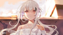 1girl bare_shoulders collarbone crying dress floating_hair hair_ornament hakuchuumu_no_aojashin half_updo hatano_rin long_hair looking_at_viewer non-web_source off-shoulder_dress off_shoulder official_art outdoors parted_lips red_eyes sad shimofuri solo streaming_tears tears white_dress white_hair x_hair_ornament