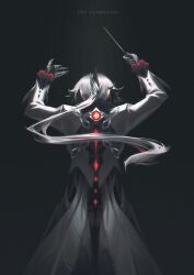 Rule 34 | 1girl, absurdres, arlecchino (genshin impact), arms up, black hair, black hands, black nails, black skin, coat, colored extremities, colored skin, commentary, conductor baton, cowboy shot, english commentary, english text, facing away, floating hair, from behind, genshin impact, grey hair, highres, holding baton, jewelry, long hair, long sleeves, low ponytail, multicolored hair, multicolored nails, multicolored skin, multiple rings, ponytail, pyro symbol (genshin impact), red hair, red nails, ring, solo, very long hair, vision (genshin impact), zaekyn