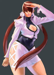 Rule 34 | 1girl, absurdres, breasts, cleavage, cleavage cutout, clothing cutout, curvy, dress, female focus, fishnets, highres, huge breasts, jacket, kurei scott, large breasts, long hair, long sleeves, ponytail, red hair, ruecalintz, shermie (kof), shiny clothes, skirt, smile, smiley face, standing, the king of fighters, thick thighs, thighs, twintails, wide hips