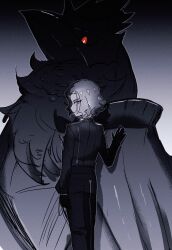 Rule 34 | 1boy, amethio (pokemon), bright pupils, commentary request, copituji, corviknight, gen 8 pokemon, gloves, highres, long sleeves, looking back, loose hair strand, male focus, nintendo, outline, pants, parted lips, pokemon, pokemon (anime), pokemon (creature), pokemon horizons, purple eyes, red eyes, shirt, short hair, spot color, standing, white pupils