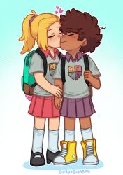 2girls amphibia anne_boonchuy artist_name backpack bag black_footwear blonde_hair blush brown_hair ciervobizarro closed_eyes collared_shirt dark-skinned_female dark_skin full_body gradient_background grey_shirt hair_ornament hair_scrunchie heart holding_hands kiss kissing_cheek multiple_girls pink_skirt pleated_skirt polka_dot polka_dot_background ponytail purple_skirt sasha_waybright school_uniform scrunchie shirt shoes short_hair sjms_school_uniform skirt smile socks yellow_shoes yuri