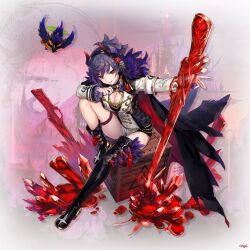 1girl armband azu-taro bird_mask black_boots black_jacket black_shorts boots breasts cleavage_cutout clothing_cutout commentary_request drone flower full_body gun hair_flower hair_ornament headset holding holding_gun holding_weapon jacket long_sleeves looking_at_viewer mask multicolored_jacket official_alternate_costume official_art parted_lips phantom_of_the_kill red_eyes red_flower saika_(phantom_of_the_kill) second-party_source short_shorts shorts sign sitting solo thigh_boots thigh_strap thighs two-tone_jacket two-tone_shorts warning_sign weapon white_jacket white_shorts wooden_box