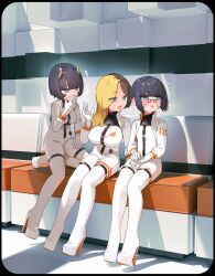 1boy 2girls absurdres age_difference black_hair blonde_hair blue_eyes blunt_bangs bodysuit breasts brown_hair bulge chikuwa_fan973 freckles glasses grin high_heels highres large_breasts long_hair looking_at_another medium_breasts multicolored_hair multiple_girls onee-shota open_mouth original parted_lips pince-nez short_hair sitting smile sweat teeth white_bodysuit