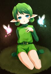 1girl blue_eyes commentary_request expressionless green_hair green_tunic highres kabisuke looking_at_viewer navi nintendo parody parted_lips pointy_ears saria_(zelda) saya_no_uta short_hair sitting tatl the_legend_of_zelda the_legend_of_zelda:_ocarina_of_time tunic