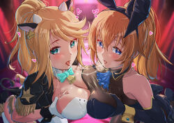 Rule 34 | 2girls, absurdres, alice gear aegis, animal ears, blonde hair, blue eyes, blush, breasts, charlotte e. yeager, cleavage, cow ears, cow horns, cow tail, cowbell, fake animal ears, fake horns, fake tail, french kiss, green eyes, highres, horns, indoors, kiss, large breasts, leotard, long hair, multiple girls, neck bell, origami yakko, playboy bunny, ponytail, rabbit ears, saliva, saliva trail, shirley oakley, strike witches, tail, world witches series, yuri