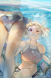 2girls bare_shoulders bikini black_bikini blonde_hair blush bracelet breasts closed_mouth collarbone commentary_request fish_hair_ornament frilled_bikini frills funi_mu9 hair_ornament highres holding_breath inoue_takina jewelry lycoris_recoil medium_breasts multiple_girls navel nishikigi_chisato one_eye_closed one_side_up partial_commentary red_eyes short_hair stomach swimsuit underwater