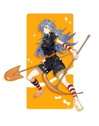 1girl arm_ribbon barefoot bow bug centipede centipede_print dianguang_qishi full_body grey_hair highres himemushi_momoyo holding holding_pickaxe holding_shovel long_hair orange_bow orange_ribbon pickaxe ribbon romper shin_strap shoulder_guard shovel solo star_(symbol) touhou
