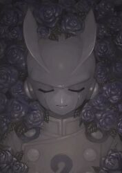 2boys android blue_cape blue_flower blue_rose cape closed_eyes closed_mouth colored_skin dolphin_boy dragon_ball dragon_ball_super dragon_ball_super_super_hero facing_viewer field fins flower flower_background flower_bed flower_field from_front gamma_2 grey_skin head_fins highres jacket leaves long_sleeves male_focus multicolored_skin multiple_boys no_eyebrows number_print obata2nd rose straight-on turtleneck turtleneck_jacket two-tone_skin white_skin yellow_jacket
