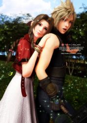 1boy 1girl 3d aerith_gainsborough belt blonde_hair blue_eyes blue_pants braid brown_hair buster_sword choker cloud_strife cropped_jacket dress final_fantasy final_fantasy_vii final_fantasy_vii_remake gloves green_eyes hair_ribbon hand_on_another&#039;s_shoulder holding holding_weapon jacket jewelry necklace open_mouth pants parted_bangs pink_dress pink_ribbon red_jacket ribbon short_sleeves sidelocks sleeveless sleeveless_turtleneck spiked_hair square_enix suspenders tree turtleneck wavy_hair weapon white_atelier