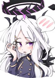 ahoge black_coat blue_archive blush coat coat_on_shoulders demon_girl demon_horns flat_chest fugu43 halo highres hina_(blue_archive) horns long_hair looking_at_viewer purple_eyes purple_halo simple_background upper_body white_background white_hair