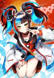 1girl black_choker black_hair black_nails blue_hair breasts choker collarbone fate/grand_order fate_(series) hair_ornament hairclip highres jacket kneeling large_breasts liom_kazuya long_hair long_sleeves looking_at_viewer multicolored_hair o3o off_shoulder open_clothes raised_eyebrows red_hair sailor_collar sei_shounagon_(fate) solo twintails v white_bag white_jacket yellow_eyes