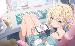 1girl bare_legs bare_shoulders barefoot black_bra blonde_hair blue_shorts blush bra braid breasts chair closed_mouth commentary_request computer_keyboard computer_mouse cup desk disposable_coffee_cup disposable_cup ear_piercing earrings from_behind green_eyes hair_intakes hair_ornament hairclip handheld_game_console highres holding indoors jacket jewelry kurumi_noah long_hair looking_at_viewer medium_breasts microphone monitor mousepad_(object) multicolored_hair navel off_shoulder office_chair on_chair piercing purple_hair short_shorts shorts sitting solo striped_clothes striped_jacket stud_earrings stuffed_animal stuffed_toy swivel_chair synn032 teddy_bear two-tone_hair underwear virtual_youtuber vspo!