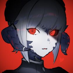 Rule 34 | 1girl, au ra, black sclera, bob cut, colored sclera, fang, final fantasy, final fantasy xiv, forward facing horns, glowing, glowing eyes, hairband, highres, horn ornament, horn ring, horns, inverted bob, looking at viewer, millimetre 0, mismatched sclera, parted lips, portrait, red background, red eyes, scales, sidelocks, simple background, skin fang, solo, warrior of light (ff14)