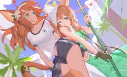 1girl 2girls absurdres ahoge animal_ear_hood animal_ears arknights blue_archive blue_eyes blue_jacket blue_shorts blue_sky cat_ears cat_girl cat_tail cloud cloudy_sky cosplay costume_switch day dress ears_under_headwear fake_animal_ears flower from_below gloves green_dress green_eyes gym_shirt gym_shorts gym_uniform hair_flower hair_ornament hairband halo highres holding hood jacket jewelry long_hair look-alike looking_at_viewer mari_(blue_archive) mari_(track)_(blue_archive) midriff_peek multiple_girls off-shoulder_shirt off_shoulder official_alternate_costume orange_hair orange_tail outdoors palm_tree pants papyrus_(arknights) removing_jacket shirt shorts single_glove sky smile syanic1 tail tail_ornament tail_ring track_jacket track_pants trait_connection tree trinity_general_school_logo white_flower white_hairband yellow_halo