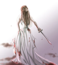 1girl blood blood_on_clothes dress female_focus flower gensou_suikoden gensou_suikoden_i gradient_background long_hair lowres odessa_silverberg red_hair sgn solo sword weapon wedding_dress