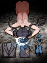 1girl all_fours ass black_hair blue_archive chinese_clothes clothes_on_floor completely_nude dogeza double_bun folded_clothes from_above hair_bun halo highres kisaki_(blue_archive) kneeling long_hair naked_dogeza nude on_floor ricochet-gou shoes shoulder_blades solo submission twintails unworn_clothes unworn_shoes