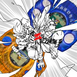 Rule 34 | claws, digimon, digimon (creature), digimon adventure, digivice, highres, leomon, orgemon, sharp teeth, tail, teeth