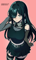 1girl aria_wintermint bare_shoulders belt black_belt black_eyes black_hair black_skirt breasts cleavage commentary cowboy_shot hair_over_one_eye hand_in_own_hair highres komatsuki_n large_breasts long_hair looking_at_viewer midriff navel pink_background pleated_skirt scarf see-through_cleavage see-through_clothes see-through_sleeves simple_background skirt solo standing striped_clothes striped_scarf striped_thighhighs the_crawling_city thighhighs twitter_username wavy_mouth