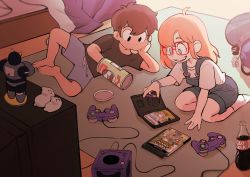 1boy 1girl 2005 absurdres backpack bag barefoot bedroom black_hair blonde_hair blue_eyes blue_shorts bokujou_monogatari bottle brand_name_imitation child chips_(food) cola colo_(nagrolaz) controller crt food freckles game_console game_controller gamecube gamecube_controller glasses highres indoors kyler_(sweethex) lying mouth_hold on_side original overalls red-framed_eyewear ribbit_king rita_(sweethex) rug shorts sitting sweethex teeth television
