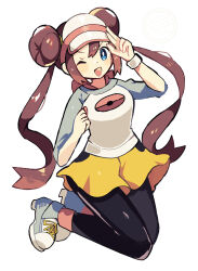 1girl ;d anidler91 black_pantyhose blue_eyes brown_hair double_bun full_body hair_bun highres long_hair looking_at_viewer nintendo one_eye_closed open_mouth pantyhose pokemon pokemon_bw2 rosa_(pokemon) shirt shoes shorts smile solo twintails very_long_hair visor_cap white_background yellow_shorts