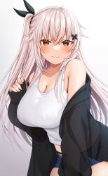 Rule 34 | 1girl, absurdres, black jacket, black ribbon, blue shorts, breasts, cleavage, closed mouth, collarbone, commentary request, crop top, etna (kuzuyu), fingernails, gradient background, grey background, hair between eyes, hair ornament, hair ribbon, highres, jacket, komori kuzuyu, large breasts, long hair, long sleeves, looking at viewer, original, red eyes, ribbon, shorts, smile, solo, thighs, white hair