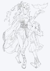 2girls aged_up ancient_greek_clothes bird gladiator_sandals greco-roman_clothes highres lineart long_hair maria_robotnik multiple_girls sandals shyu_1014 sonic_(series) toga white_background